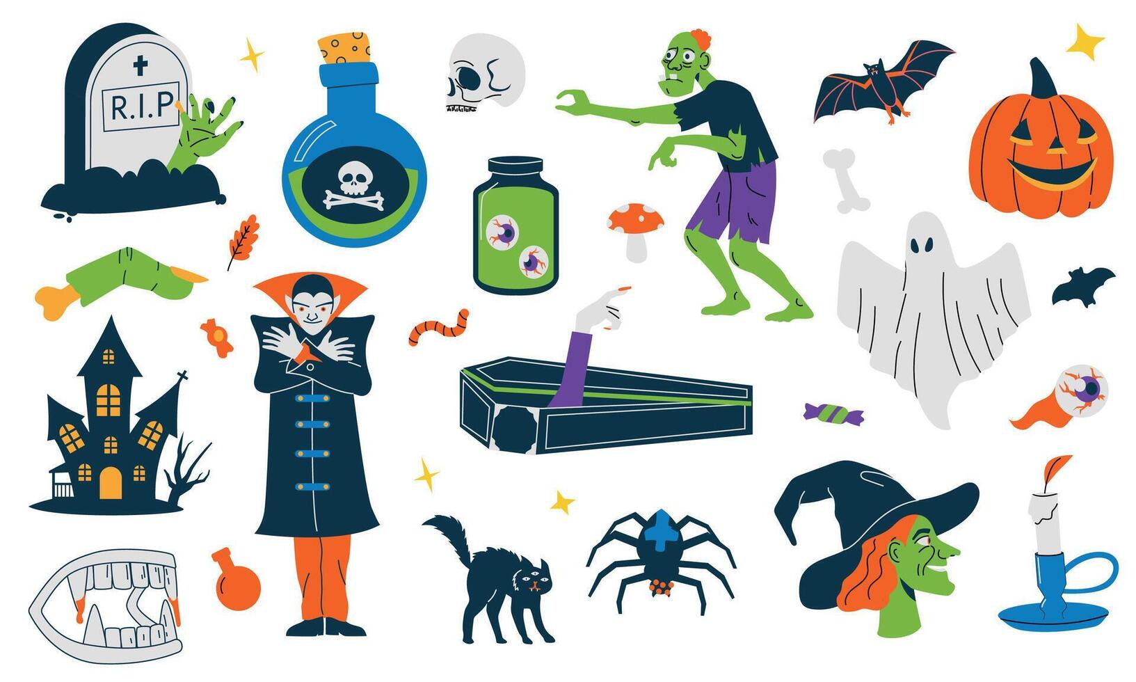 Scary Halloween symbols. Cute childish pumpkin zombie bat ghost cat vampire witch elements, cartoon flat october holiday spooky bundle. Vector collection