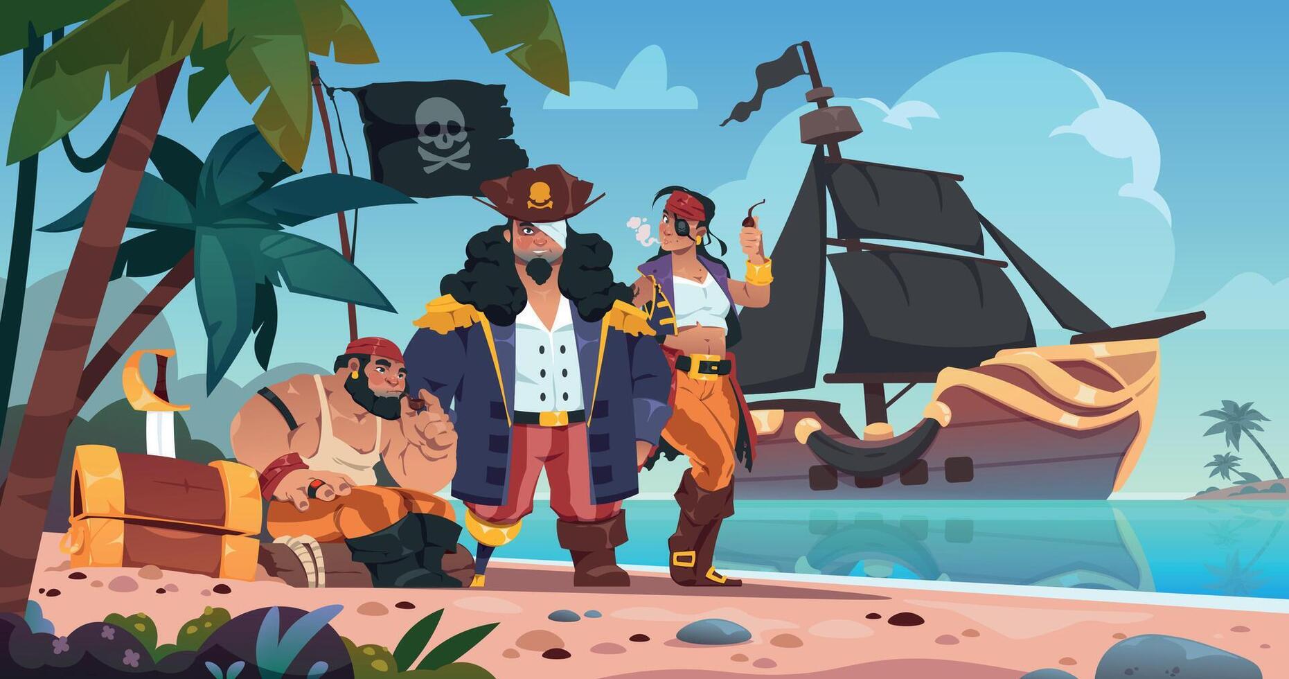 Pirates on island. Cartoon kids background with corsairs and pirate characters on sea beach with treasure chest spyglass sword and cannon. Vector illustration