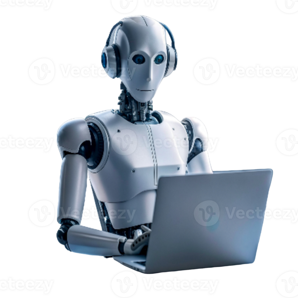 AI generated Robot sitting behind desk with a computer- png