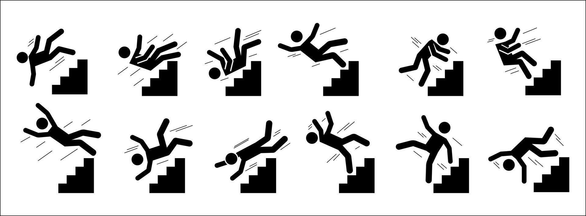 Stick man fall down. Black silhouette pictograms of people falling from staircase and ladder, exhausted and tired persons. Vector set