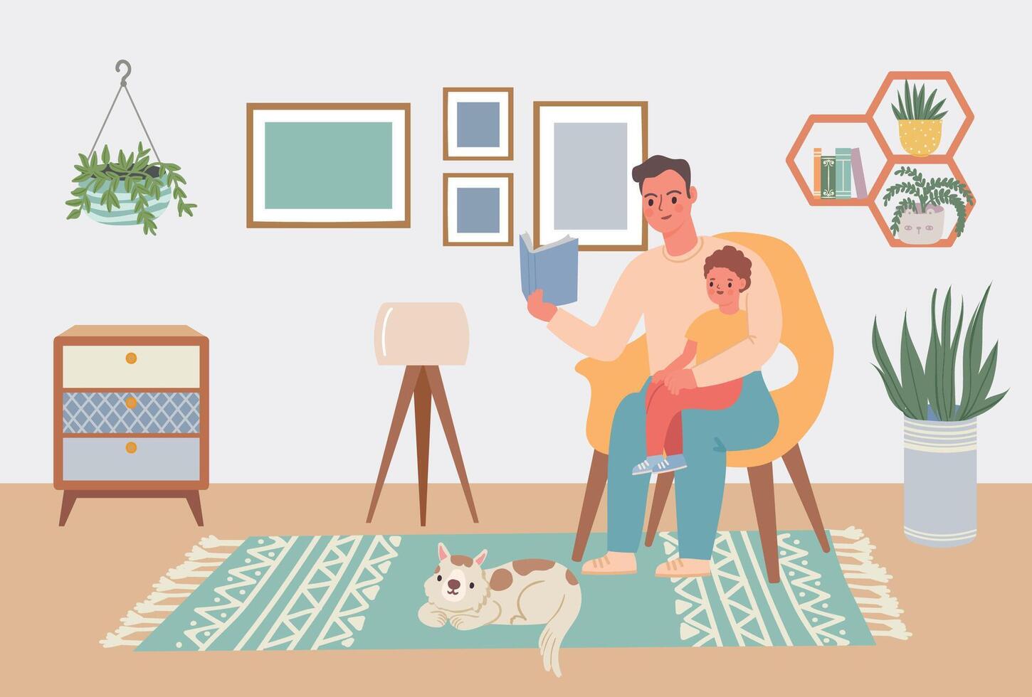 Father reading book together with son. Dad holding child and sitting in armchair in living room. Daddy telling a fairytale vector