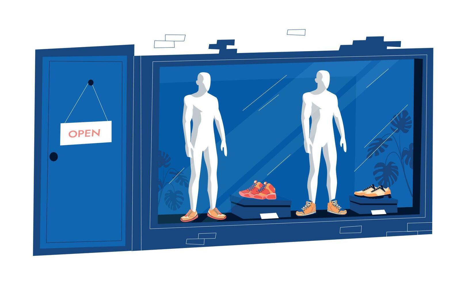 Shoe showcase. Cartoon boxes with stylish footwear in store window, mannequin legs wearing fashionable boots, sale shopping concept. Vector illustration