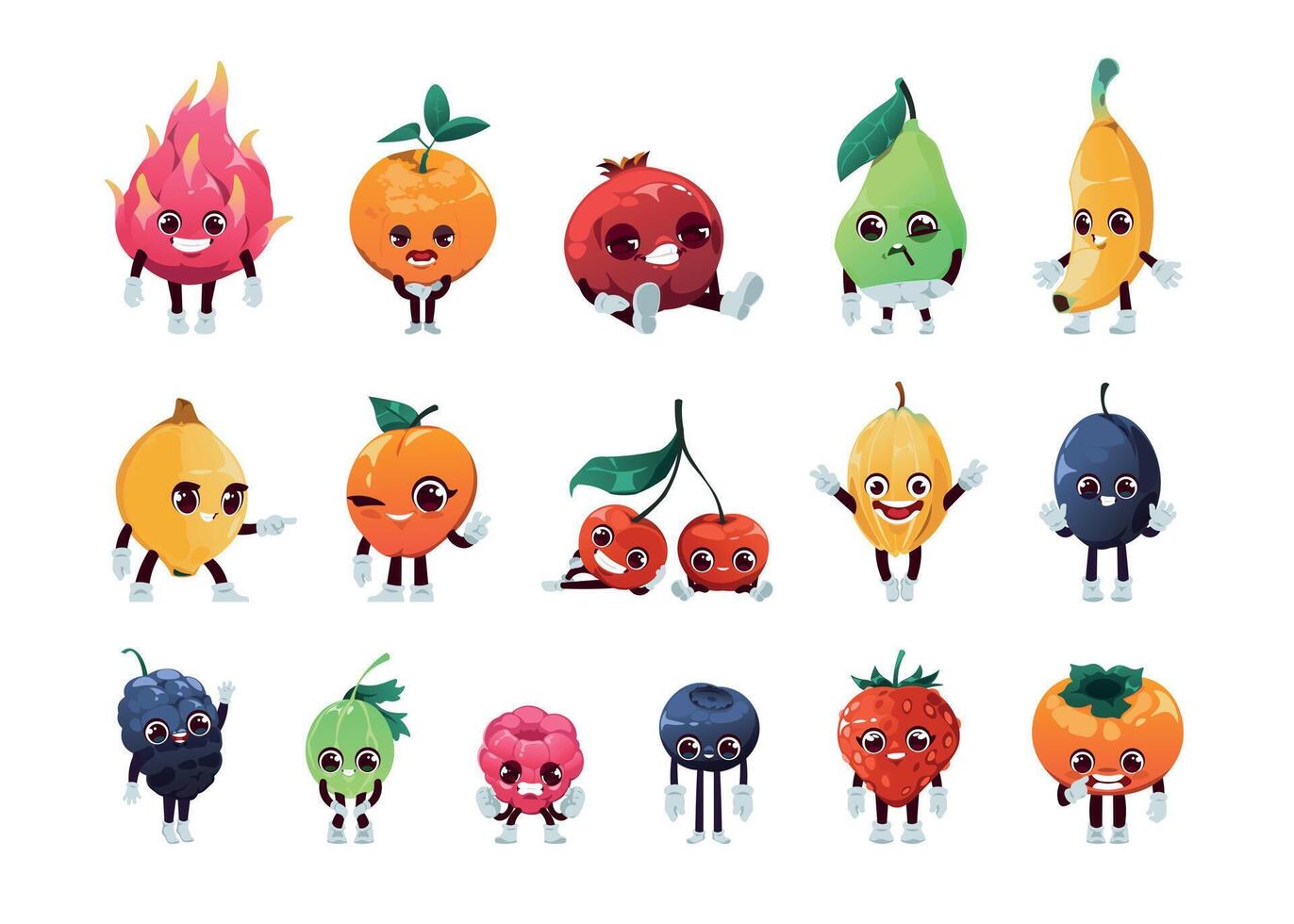 Cartoon fruit characters. Cheerful happy kid fruits with funny faces, smiling mascot persons with eyes hands and legs. Vector apple, apricot strawberry pineapple set