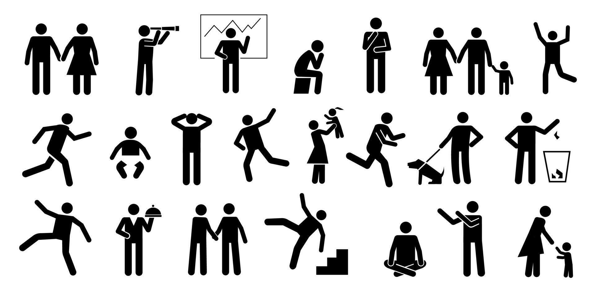 personas negro pictogramas. hombre palo siluetas de hombres y mujer relajado posturas, gestos y comportamiento. vector humano Interacción sencillo íconos