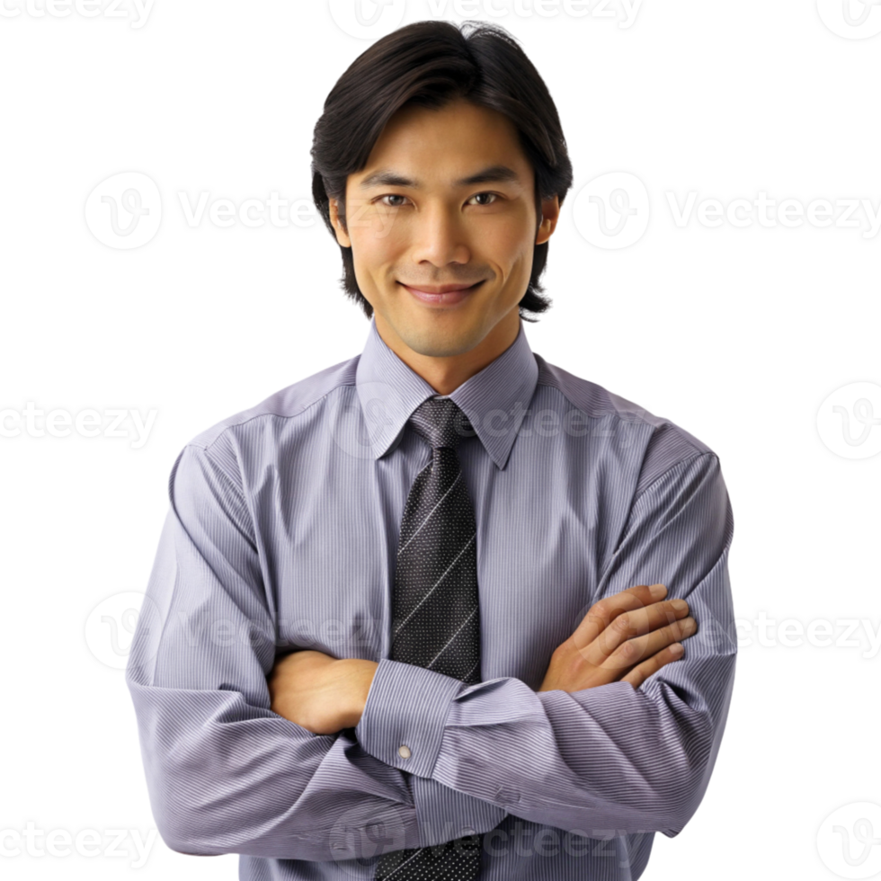 AI generated Japanese boy with shirt and tie and folded arms- png