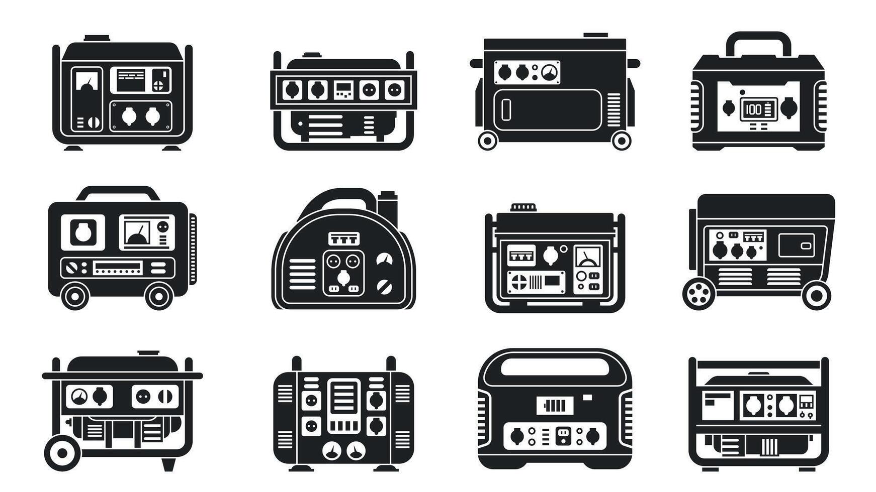 Black generator icon. Mobile petrol diesel standby alternator, portable emergency energy equipment generating electric power. Vector monochrome collection