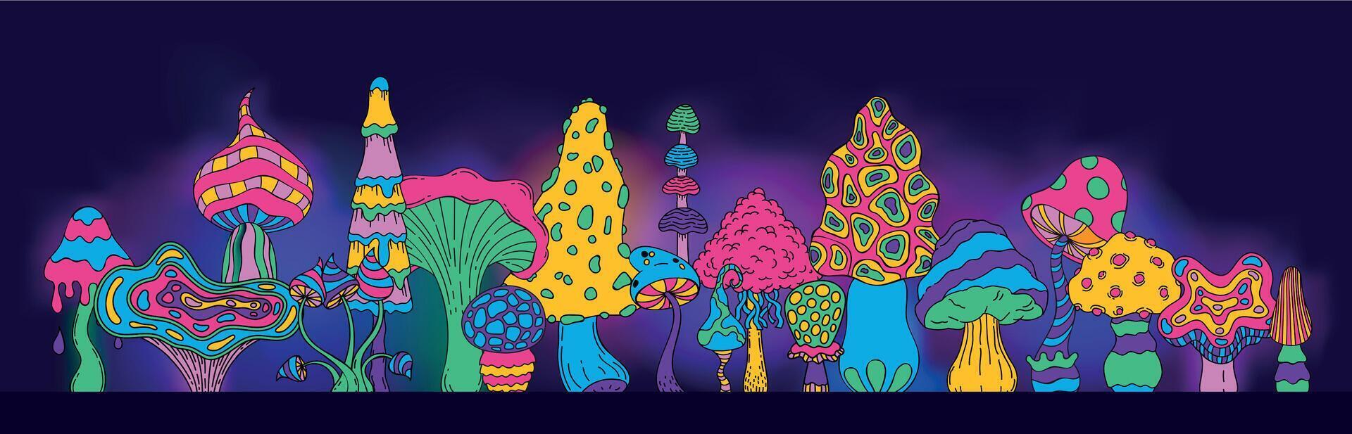 Trippy mushroom background. Acid psychedelic magic wallpaper with colorful fairy forest plants, fairy psilocybin trance concept. Vector illustration