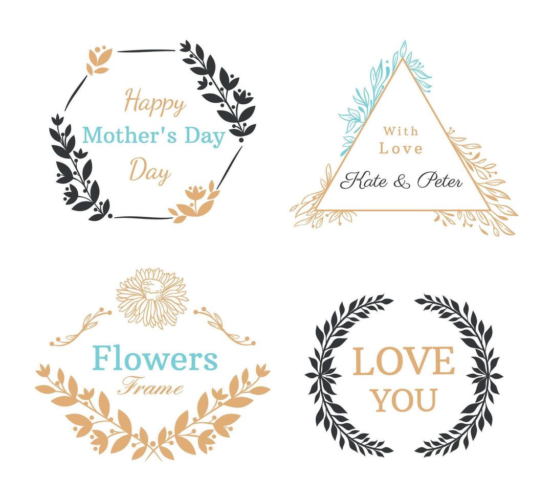 Hand drawn invitation label. Beautiful elegant geometric frames with leaves and flowers for wedding invitation vector