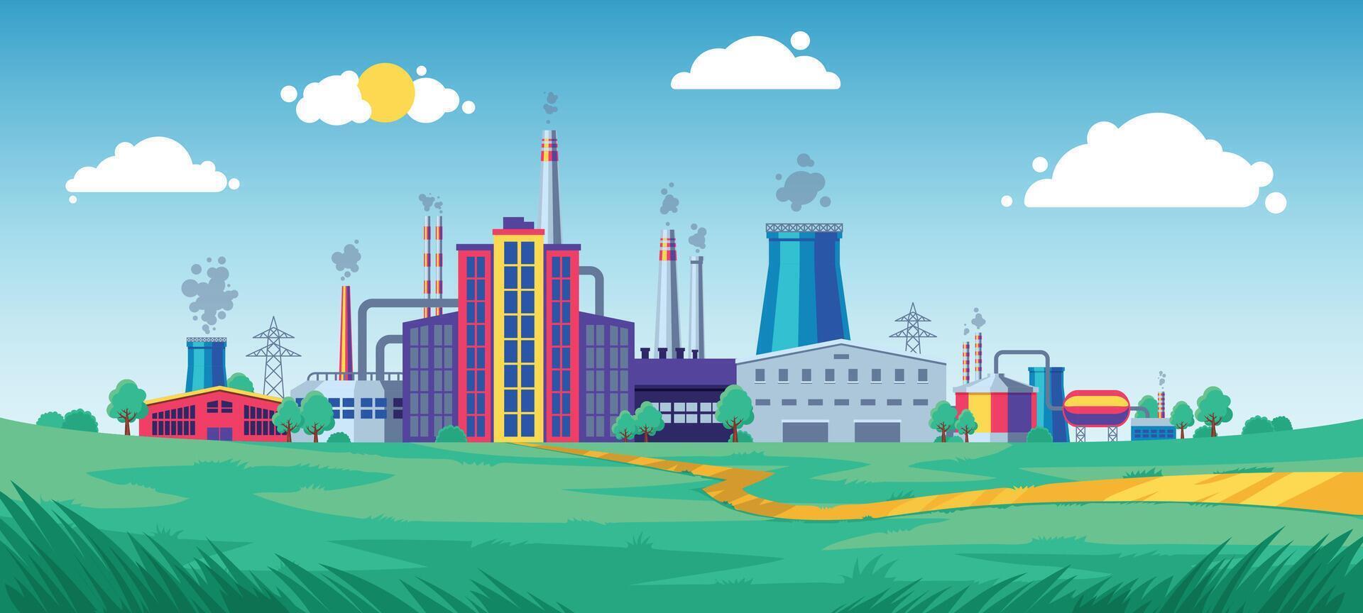 Factory building background. Power stations renewable energy manufacturing, chemical waste construction industrial banner design. Vector illustration