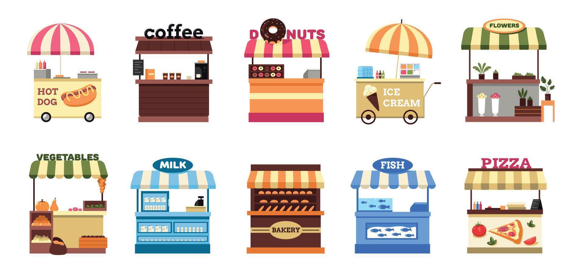 Street stall. Cartoon market stand selling fruit vegetable seafood coffee flowers, festival local farm cart with food flat style. Vector isolated set