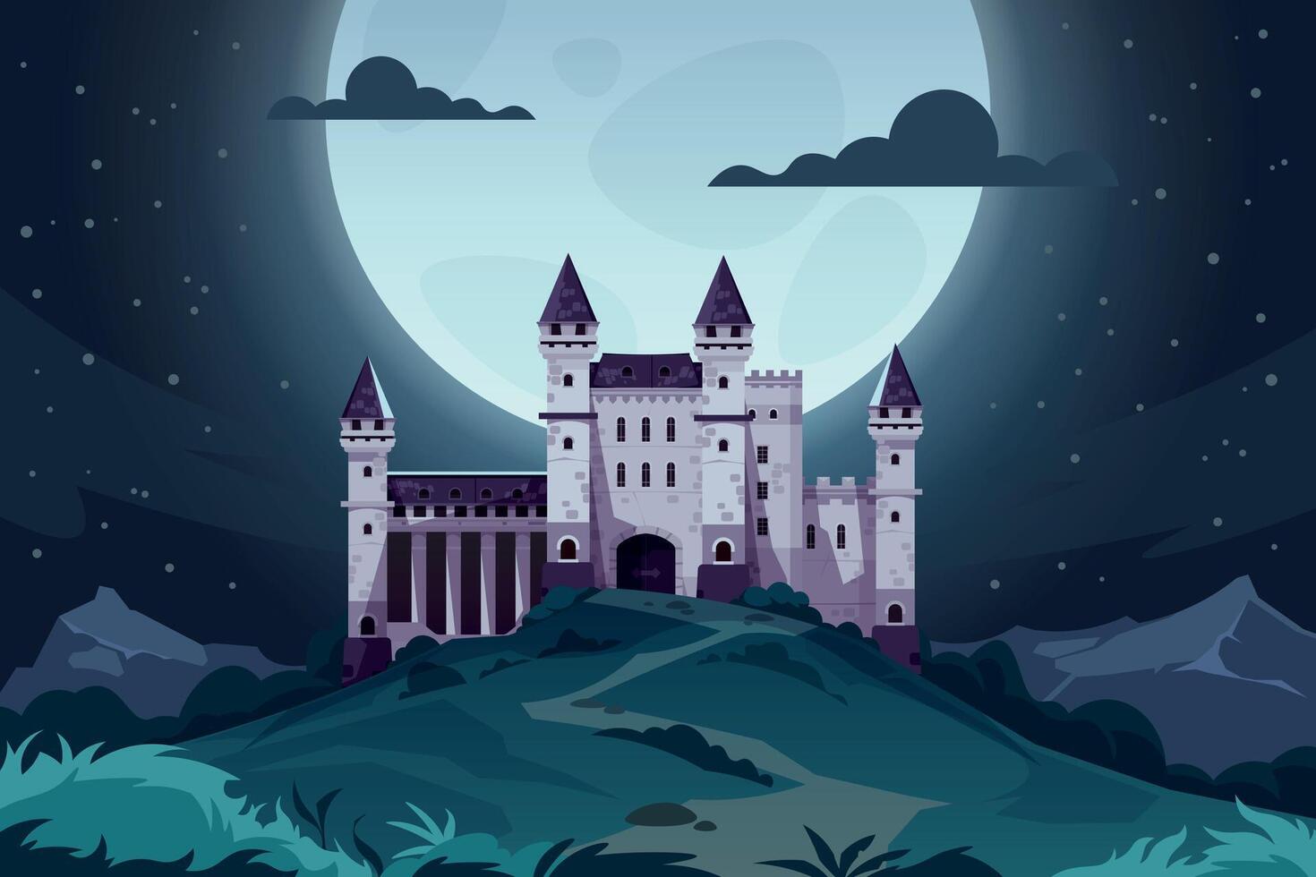 noche dibujos animados castillo. medieval cuento de hadas fortaleza a noche, magia paisaje con real palacio. vector Reino capital escena