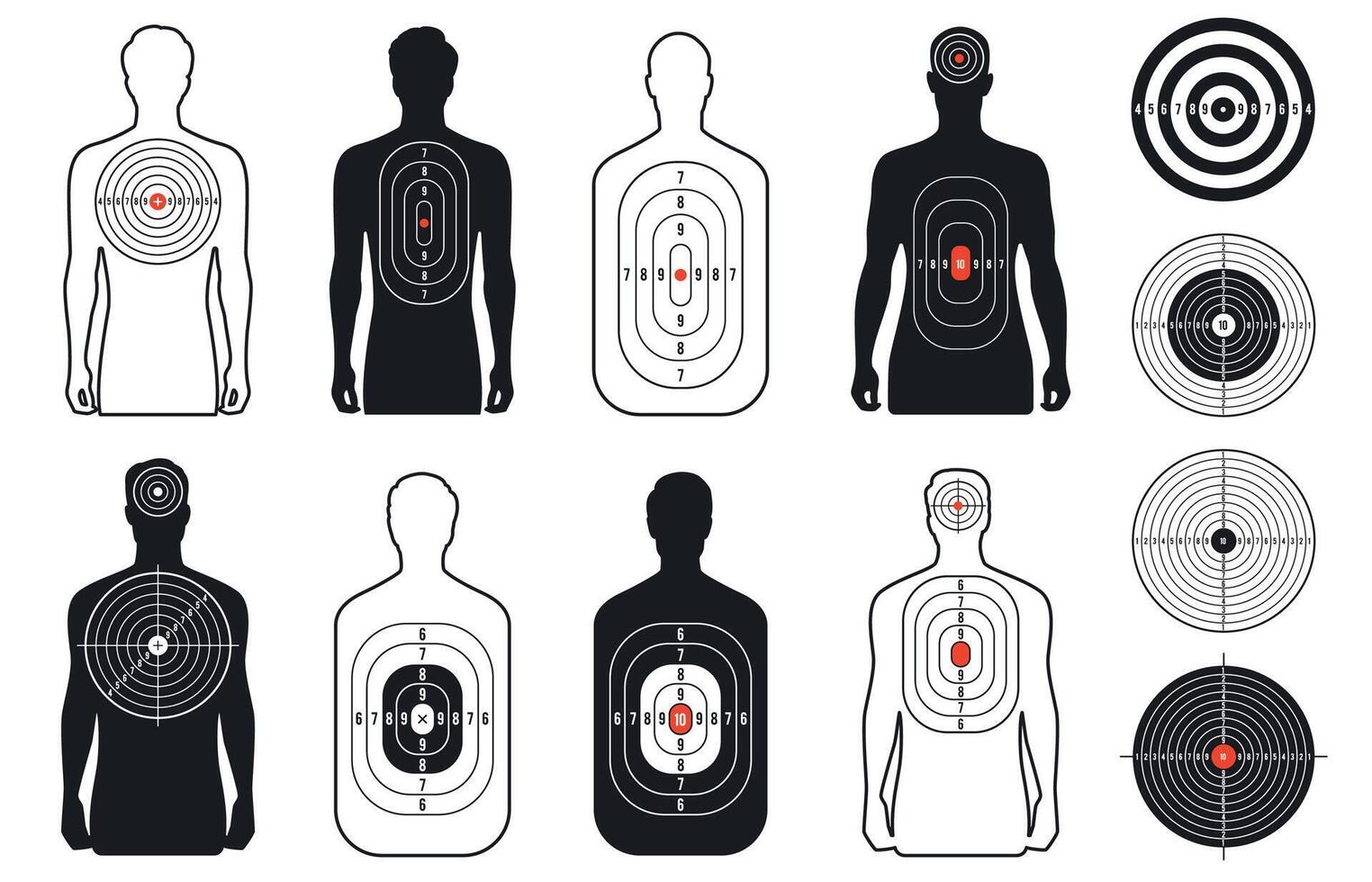 Human target. Shoot range paper with man silhouette, bullet pistol gun shot for firearm bow military props darts board. Vector isolated collection