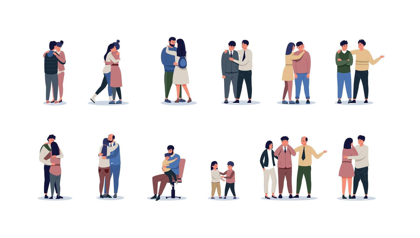 Emotional support. Stressed people at psychologist therapy, friends hugging depressed and crying persons, empathy and grief cure concept. Vector illustration