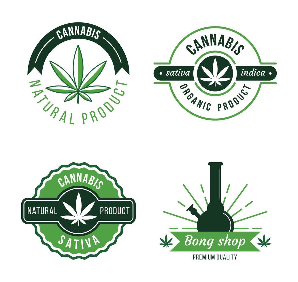 Marijuana label. Modern cannabis logo templates. Organic medical product design elements. Natural legal drugs vector