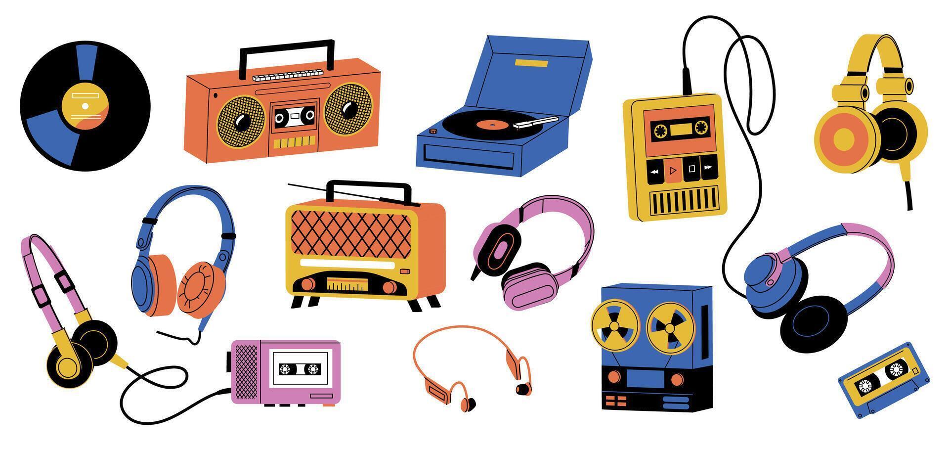 Clásico música jugador. retro término análogo audio dispositivos casete vinilo placa giratoria grabar inalámbrico radio auriculares, nostálgico dibujos animados elementos. vector conjunto