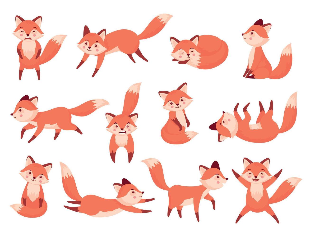 linda zorro. dibujos animados rojo bosque animales con varios emociones, gracioso astuto carnívoro depredadores en diferente poses fauna silvestre zoo concepto. vector plano conjunto