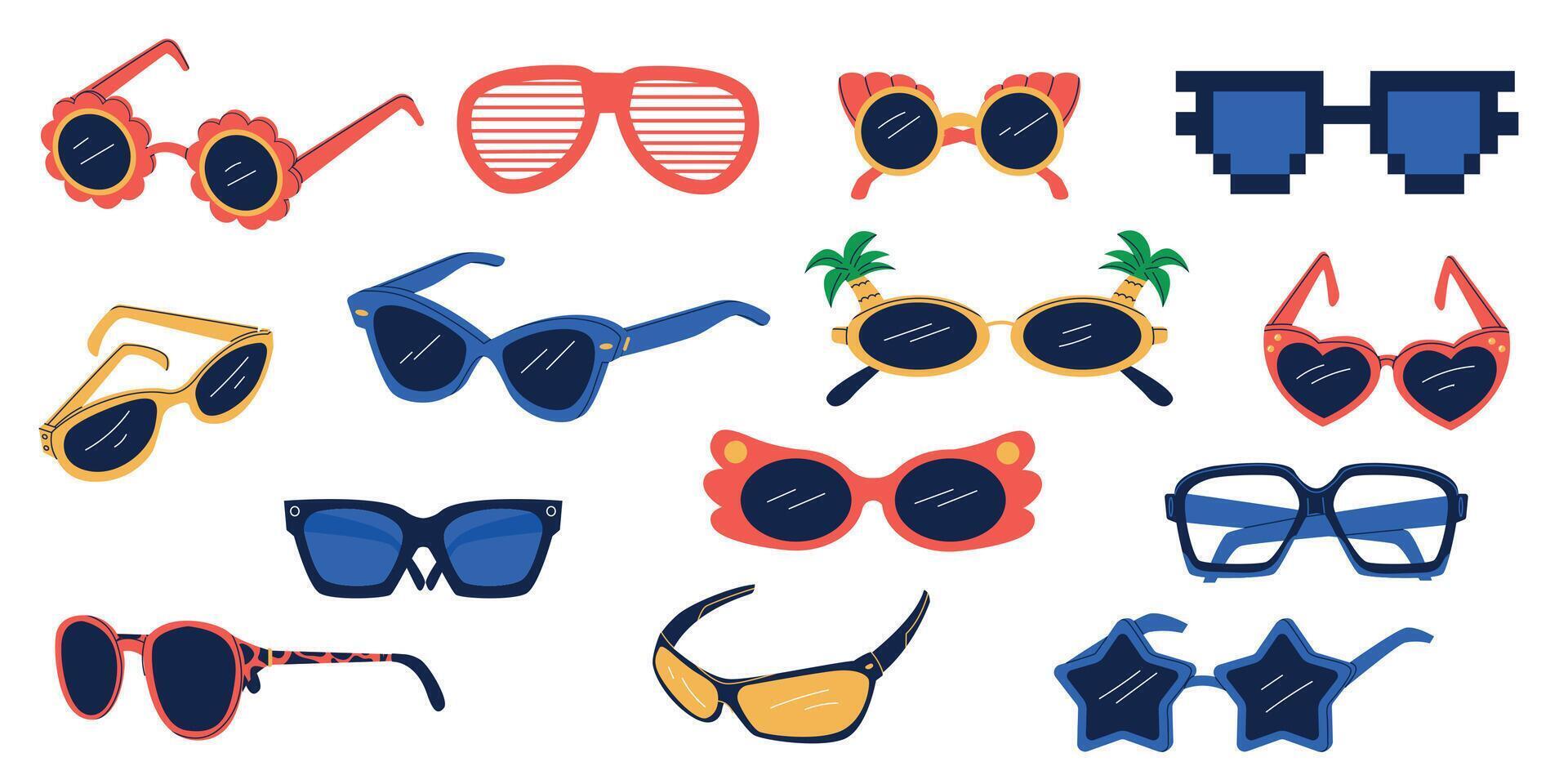 Party glasses. Funny sunglasses hippy groovy psychedelic retro style, cartoon geometric fashion eyewear icons different frames and forms. Vector collection