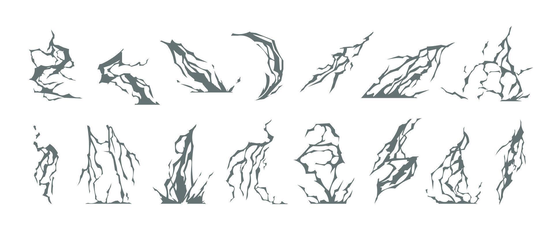 Cartoon thunderbolt effect. Lightning strike and natural electricity sprite asset for 2D game, thunderstorm strike collection. Vector isolated set