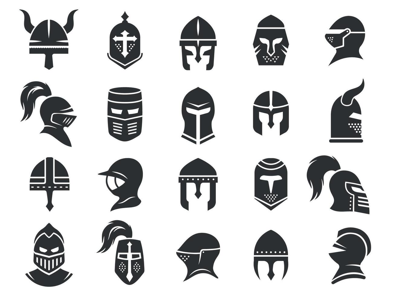 medieval cascos antiguo guerrero Caballero cabeza armadura con visera plumaje, espartano combatiente protector elementos plano estilo. vector aislado colección