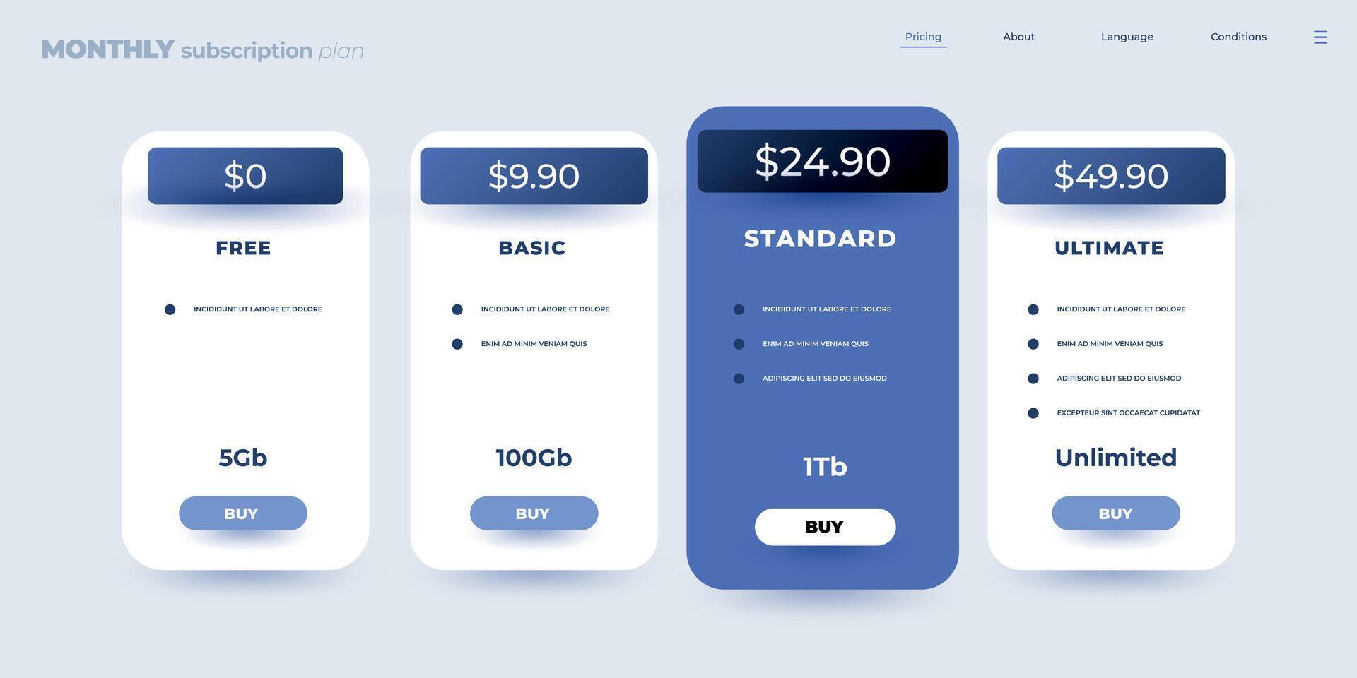 Comparison table. Feature checklist and monthly price plan, subscription infographic design template. Vector web site interface