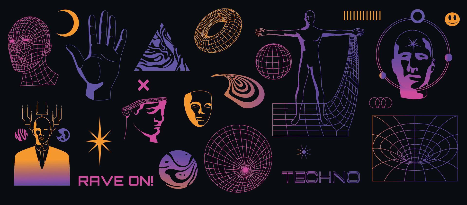 Retro futuristic set. Rave techno punk surreal geometric symbols, psychedelic wireframe perspective grids for streetwear merch design. Vector collection