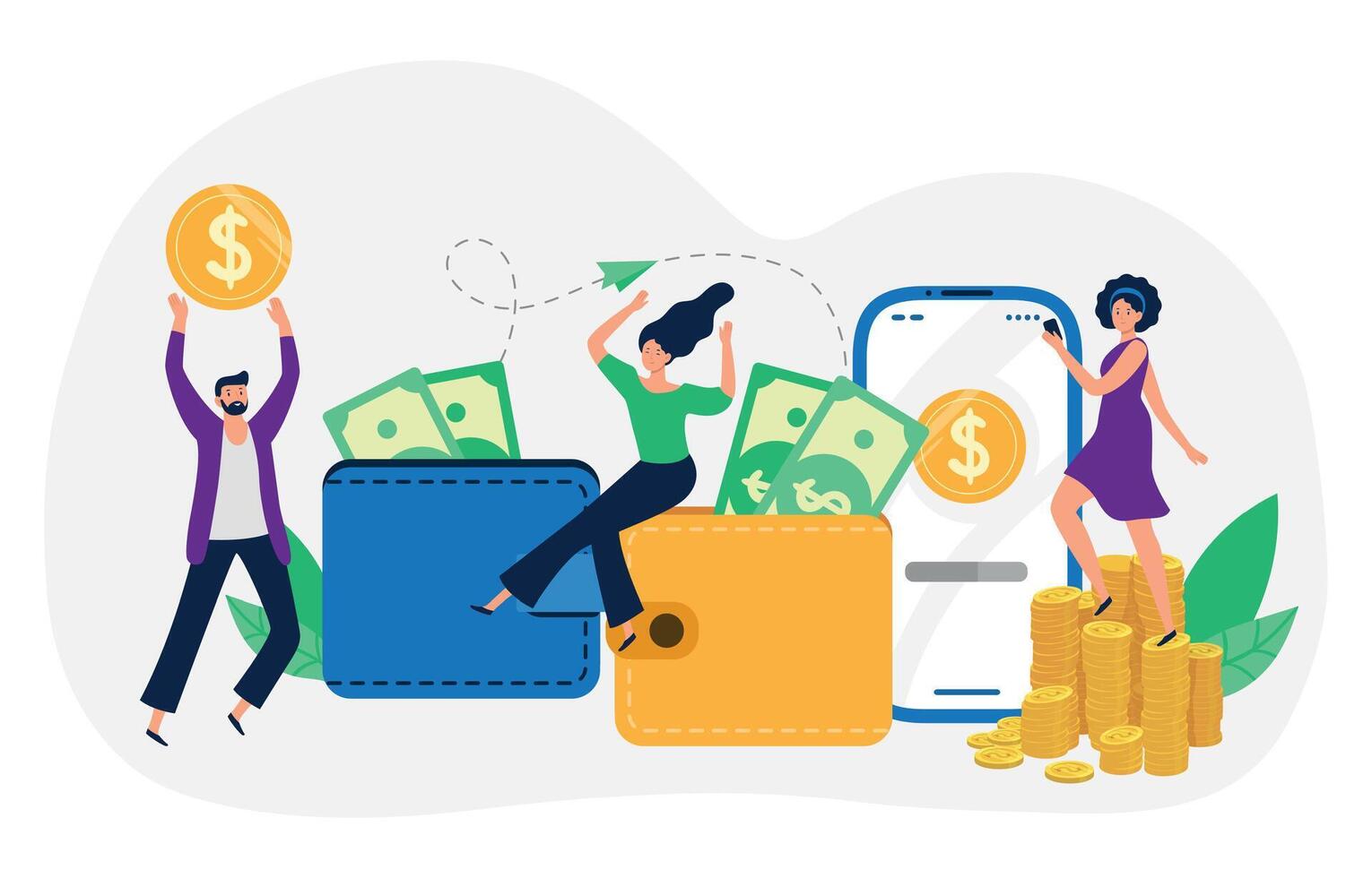 Money transfers. People sitting on wallet with dollar banknotes, woman standing on coin piles. Cartoon characters sending money vector