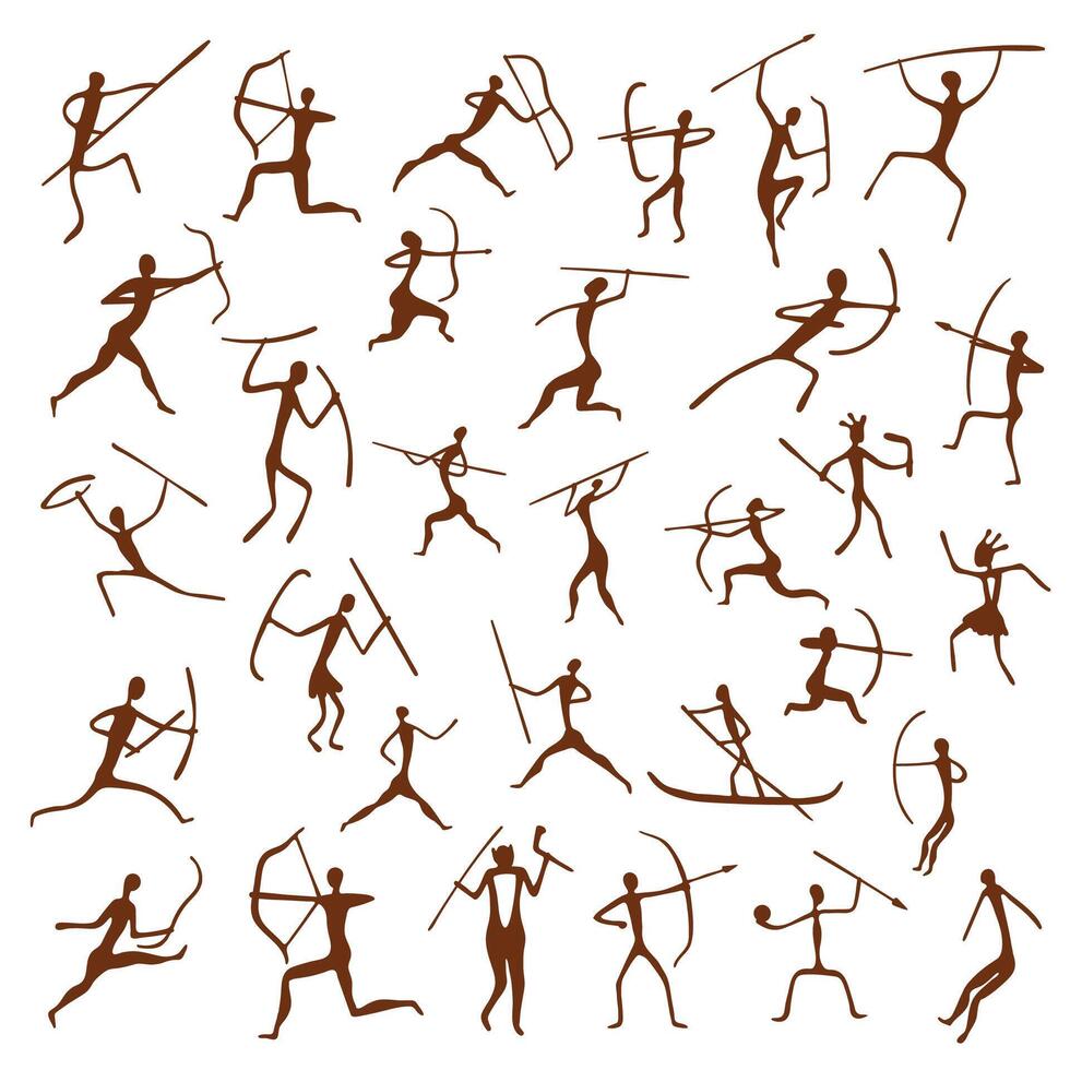 Caveman painting on rock. Primitive ancient drawing of tribal human with weapon. Vector prehistoric male and female tribe hunters symbols carved on stones