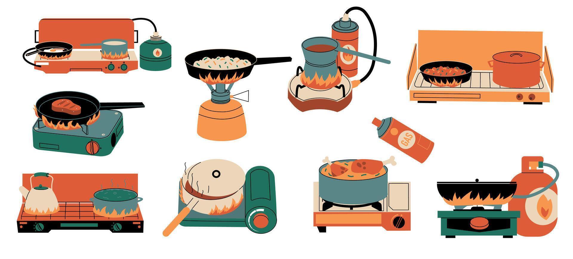Food on stove. Cookery utensil for cooking stands on gas fire heater, kitchenware appliance on portable burner cartoon style. Vector isolated set