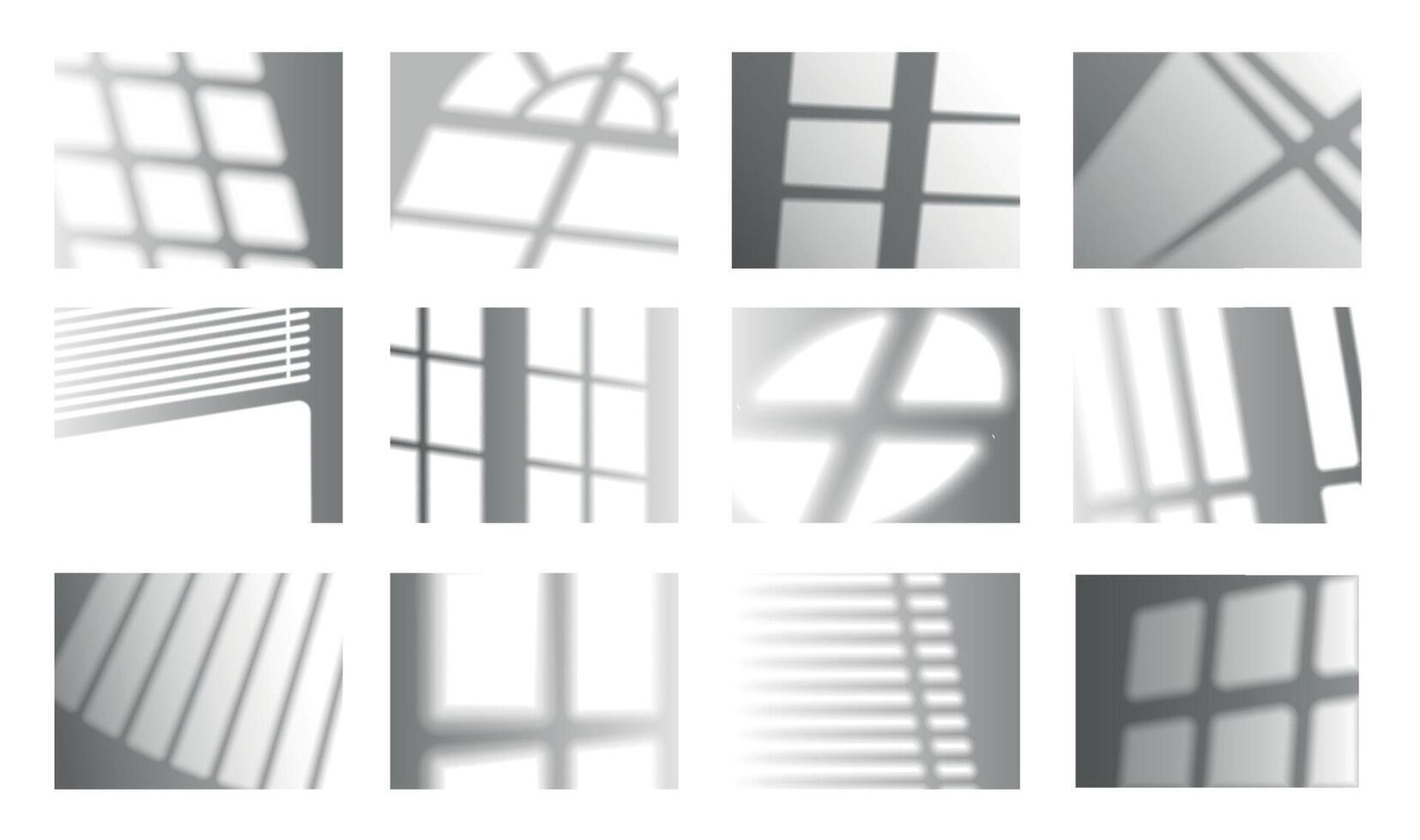 Window shadow overlay. Realistic light shade effect, window frames and sun blinder shadows overlapping on the wall. Vector isolated set