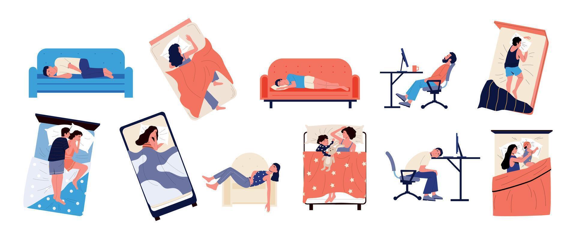 Sleeping characters. Cartoon people sleep in different places and poses, tired young and adult persons in bed on sofa and lying on desk. Vector set