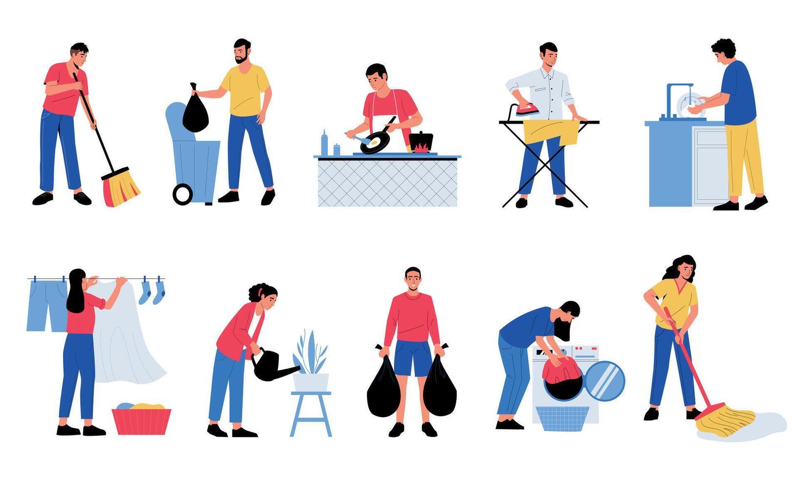 People doing housework. Men woman characters cooking dishes watering flowers cleaning up doing housework chores. Vector cartoon isolated set