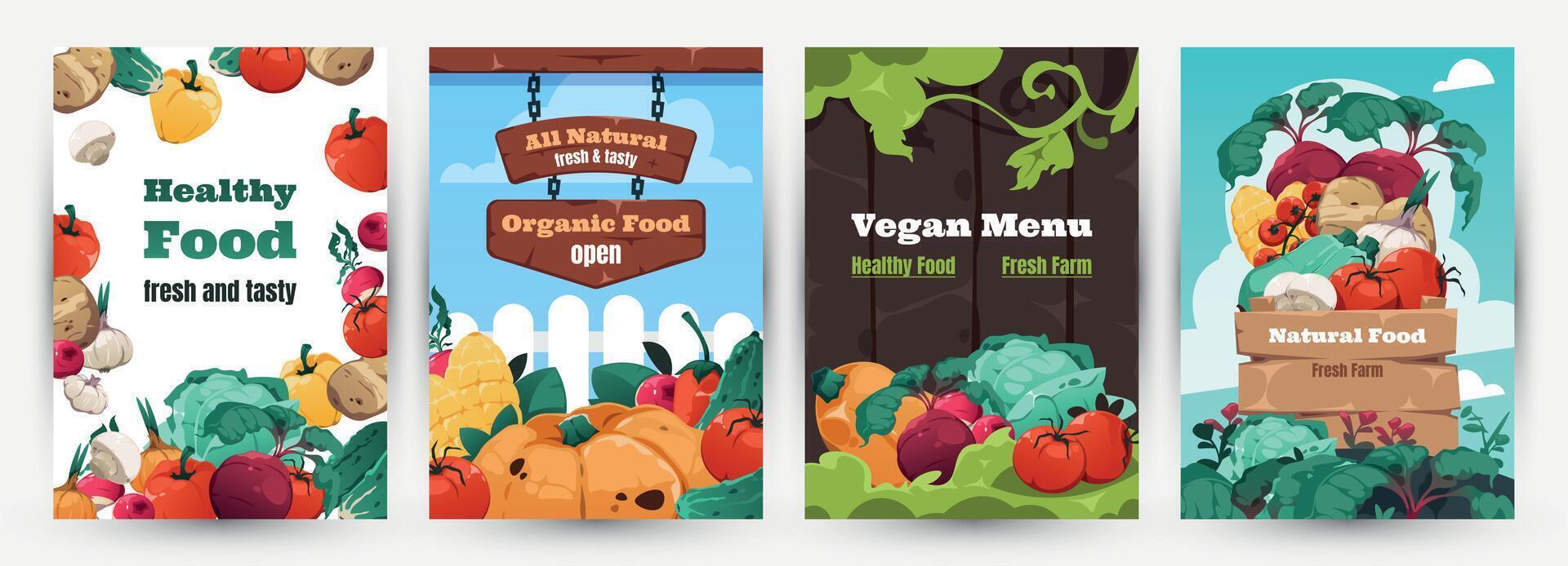 sano comida carteles pancartas diseño con dibujos animados detallado verduras, orgánico granja comida folleto para restaurante menú. vector vegano productos presentación cubrir conjunto