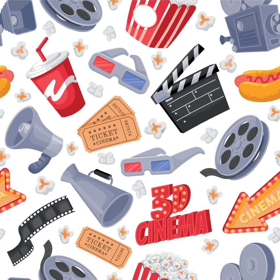 Movie elements pattern. Seamless print of film making and cinema theater symbols, camera bobbin ticket popcorn clapper megaphone icons. Vector texture