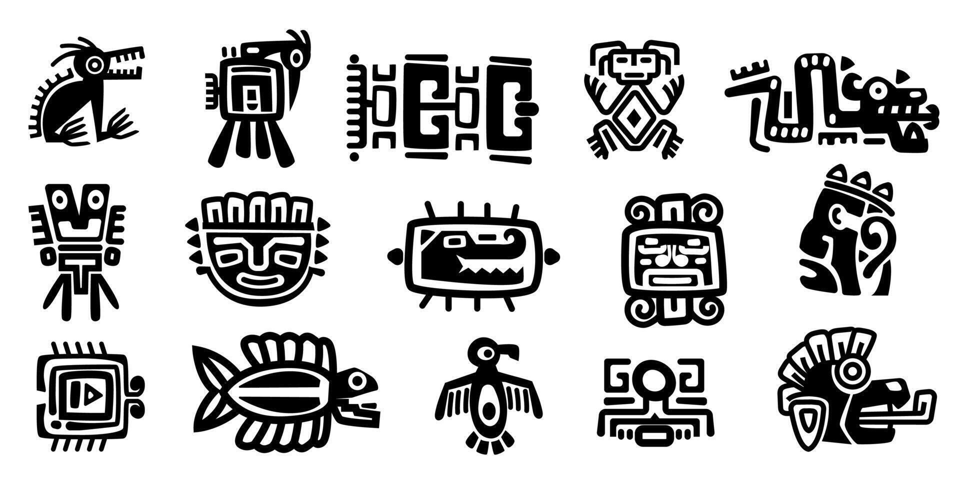 mexicano Dioses simbolos resumen azteca animal pájaro tótem ídolos, antiguo inca maya civilización primitivo tradicional señales. vector colección