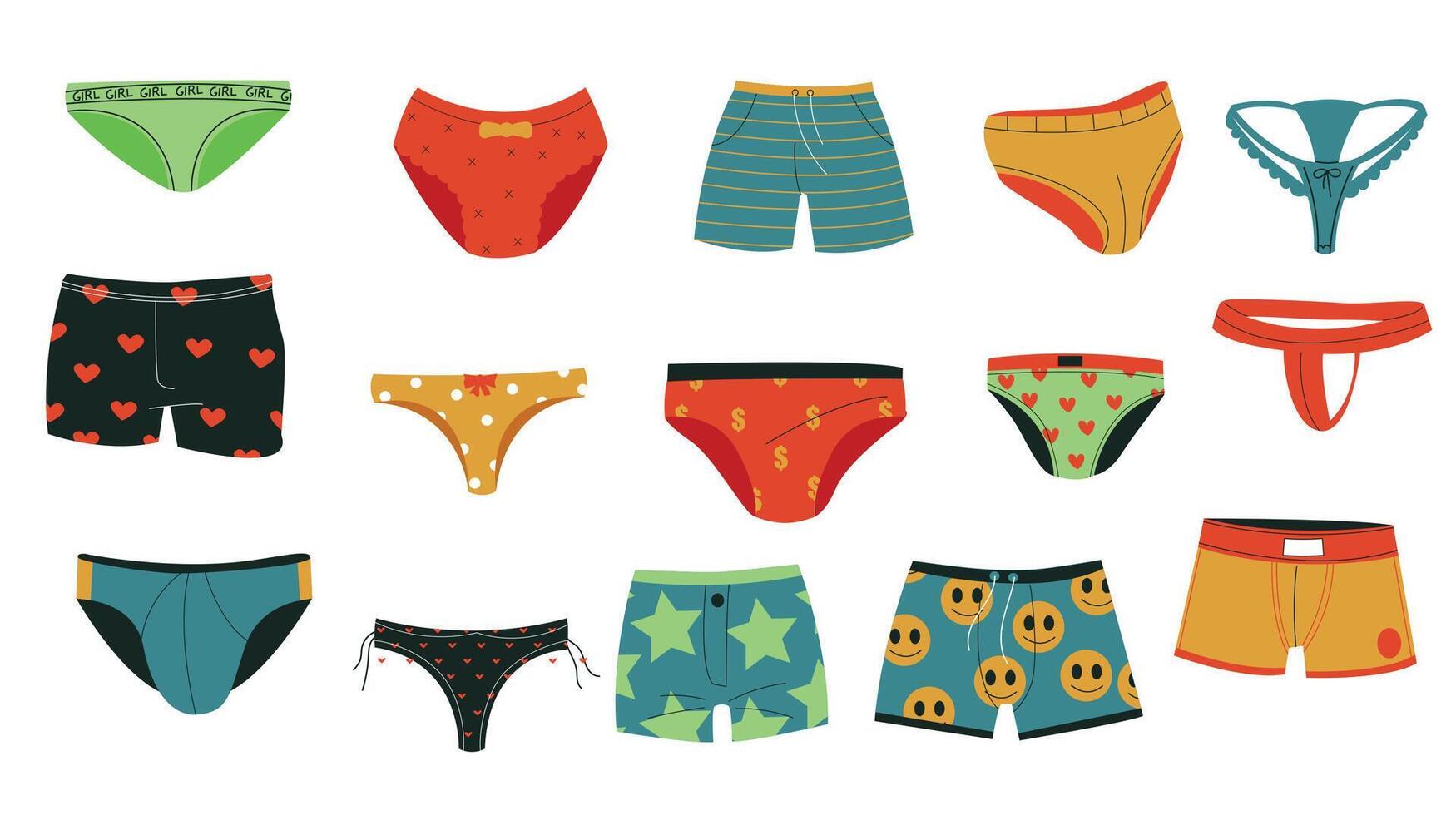 hombres y mujer calzoncillos. garabatear masculino hembra niño vistoso ropa interior ropa, dibujos animados bragas atado bikini lencería calzoncillos prenda. vector plano conjunto