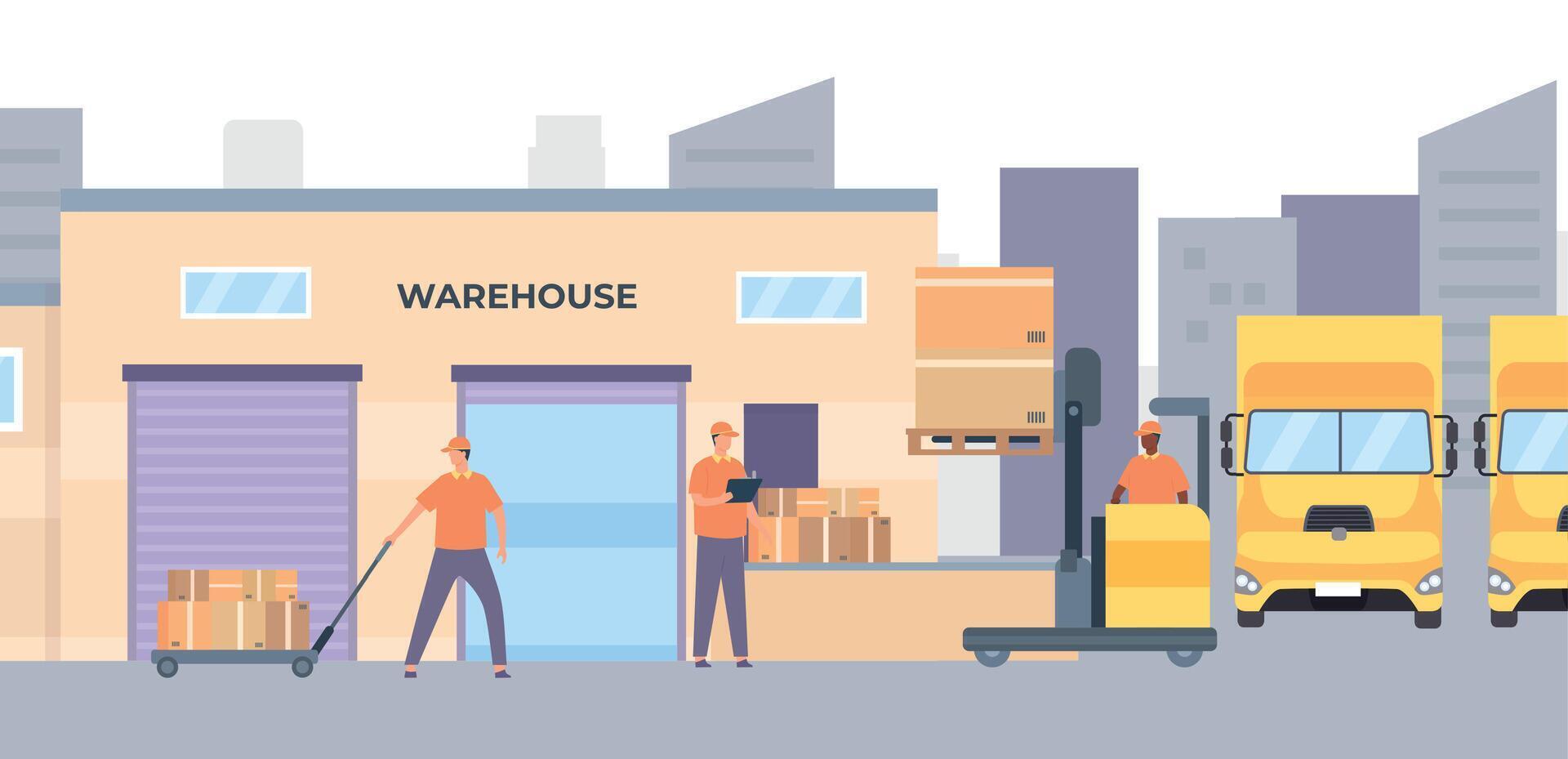 Warehouse workers and equipment. Male characters unloading parcels from pallet. Forklift moving cardboard boxes vector