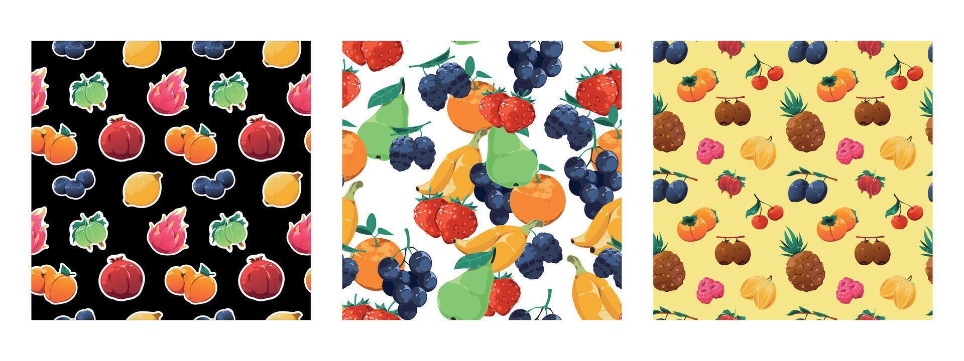 Cartoon fruit pattern. Seamless print of fresh exotic fruits, organic nutrition cover with mixed citrus apple strawberry banana pomegranate. Vector texture
