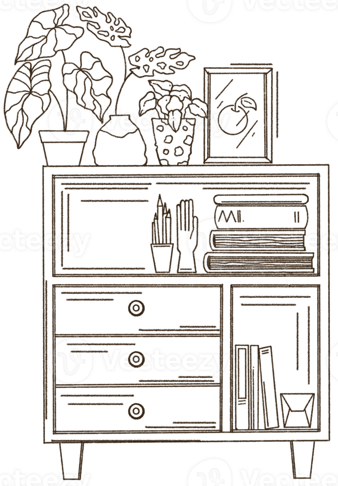 Bookshelf with various books doodle style illustration, Hand drawn bookcase. png