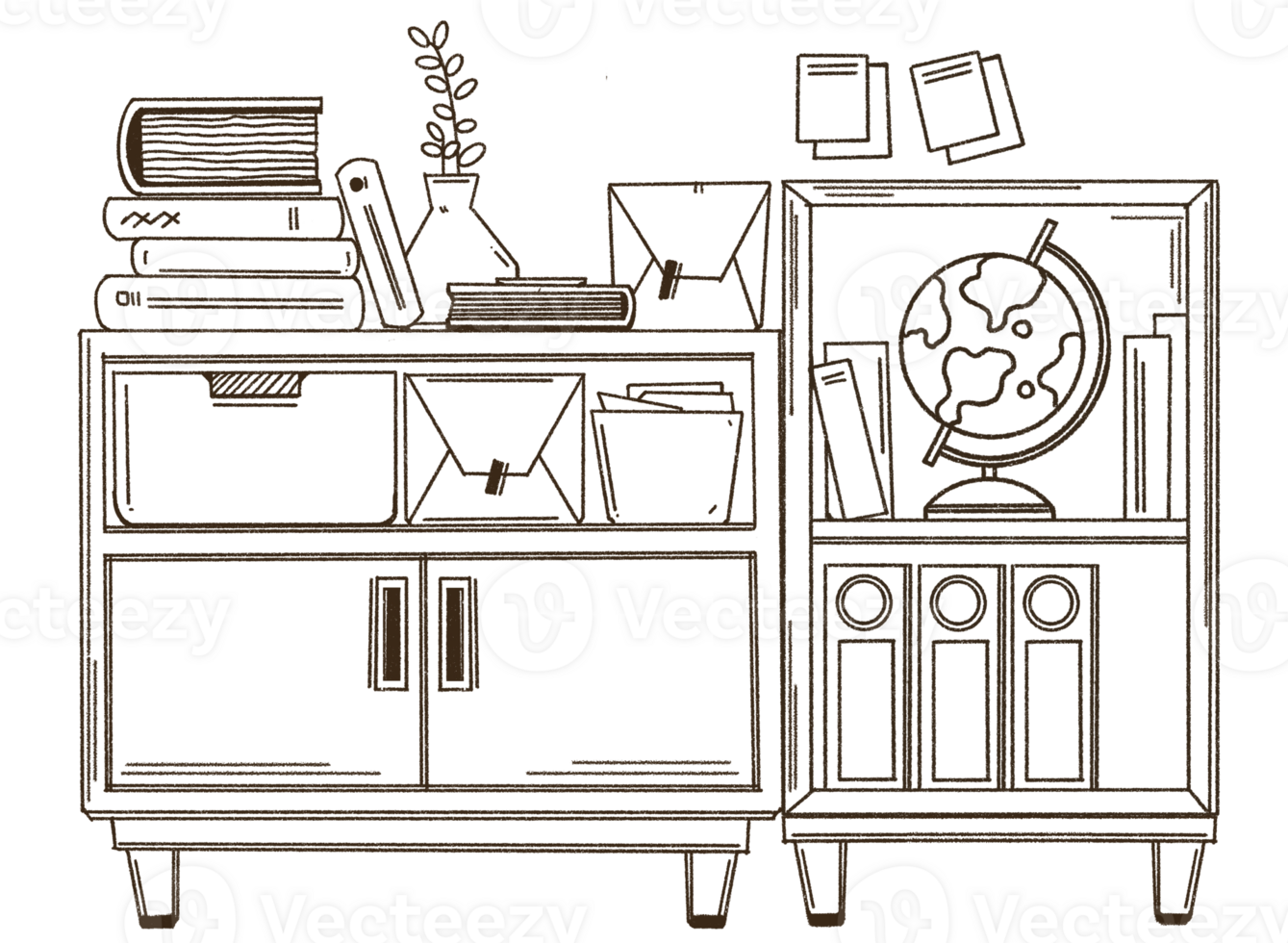 Bookshelf with various books doodle style illustration, Hand drawn bookcase. png