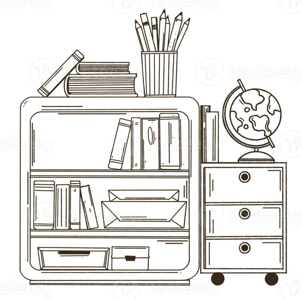 Bookshelf with various books doodle style illustration, Hand drawn bookcase. png