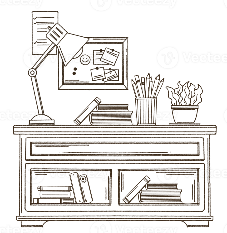 Bookshelf with various books doodle style illustration, Hand drawn bookcase. png