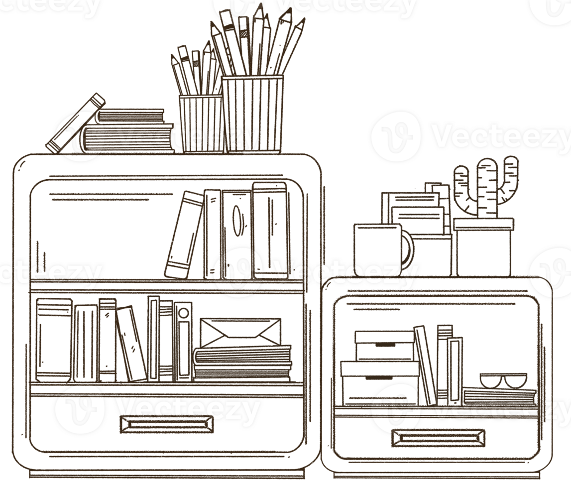 Bookshelf with various books doodle style illustration, Hand drawn bookcase. png