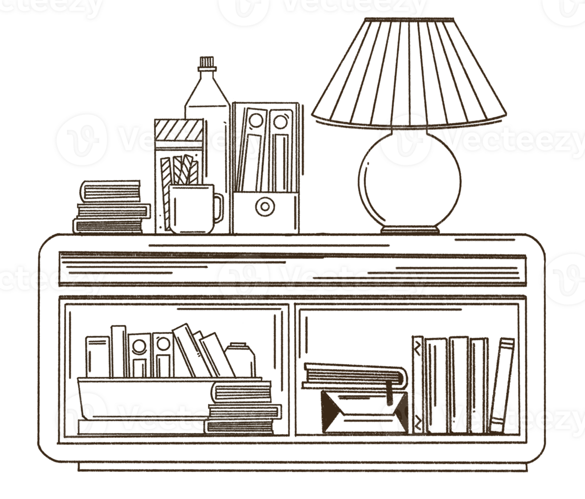 Bookshelf with various books doodle style illustration, Hand drawn bookcase. png