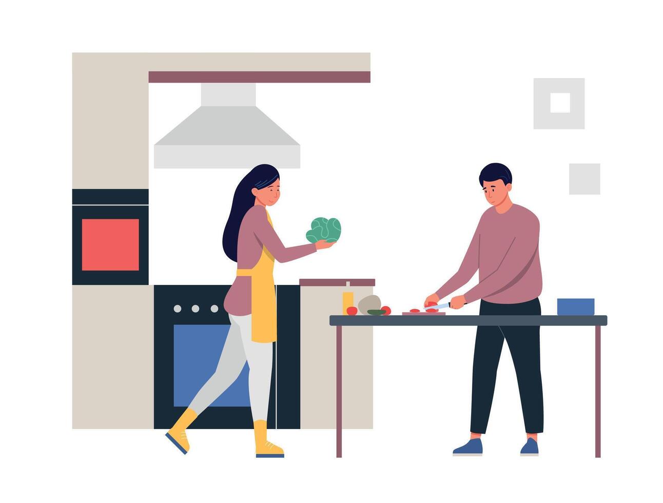 Cartoon characters cooking together happy couple at kitchen vector