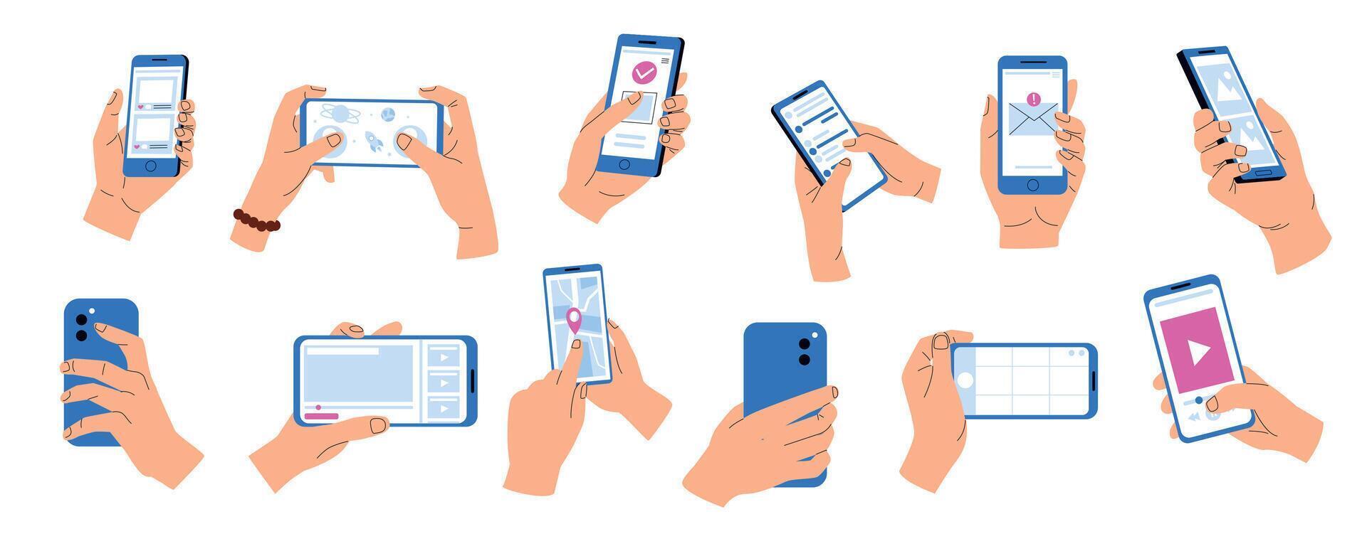 Hands holding phones with apps. Smartphone with applications on display in flat style, mobile device with video message and dating applications. Vector isolated set