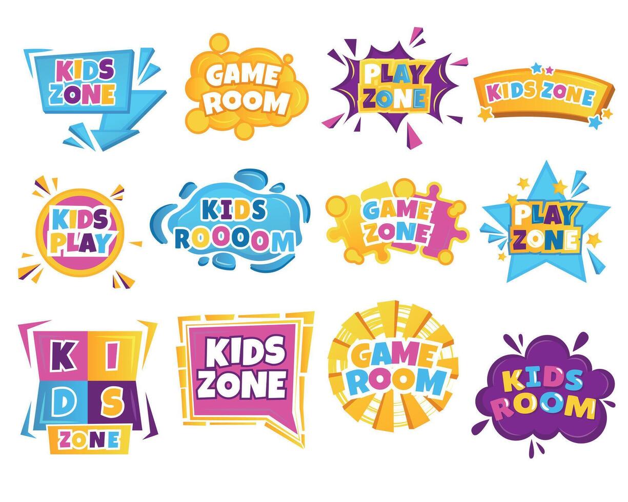 Kids zone label. Cartoon colorful child playroom with toys, baby kindergarten activity concept. Vector isolated banner
