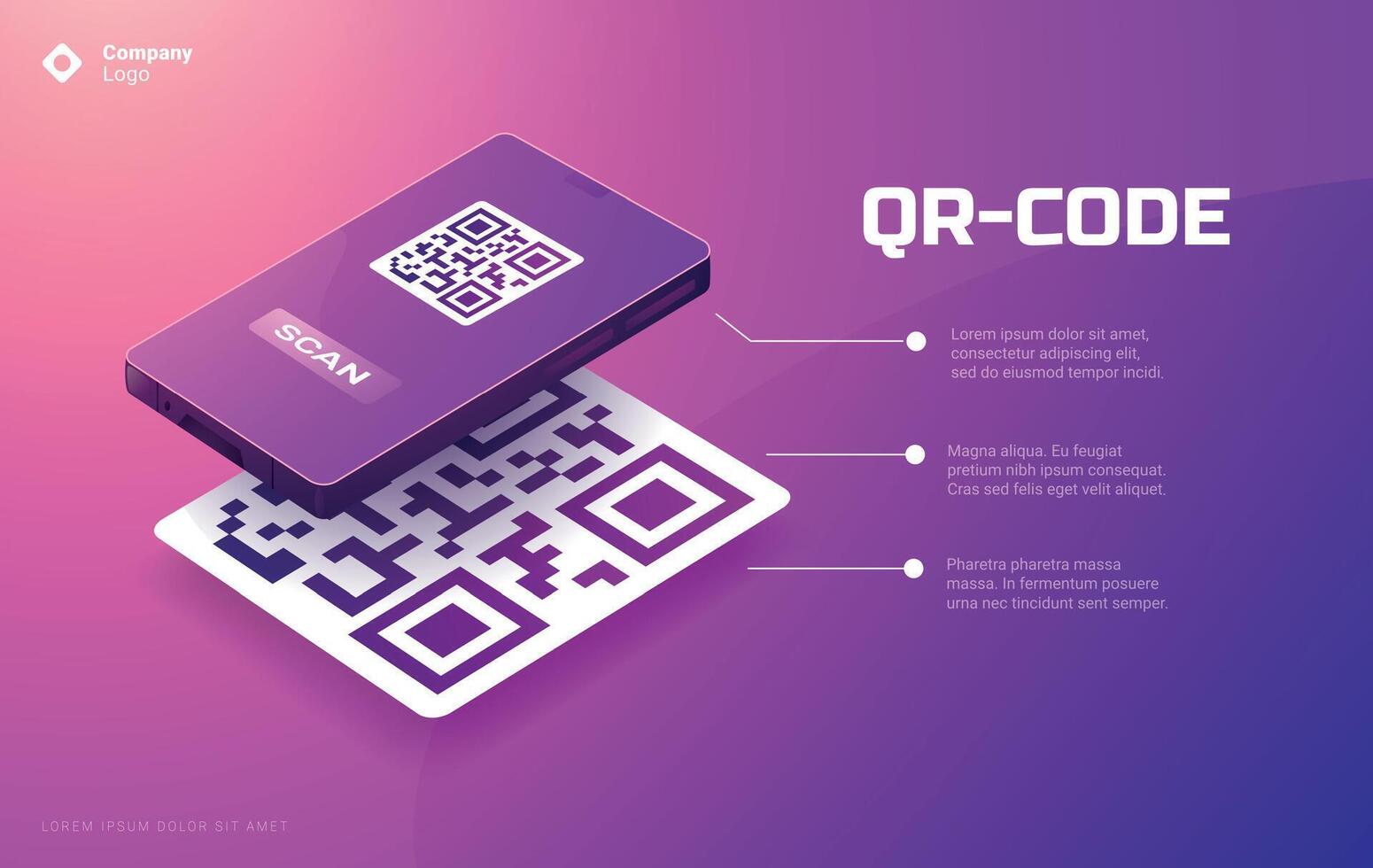 QR code on phone. Scan me coding for mobile app payment, isometric smartphone mock up with identification barcode scanning concept. Vector banner