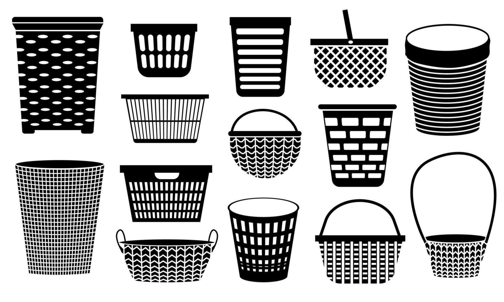 Wicker basket black icons. Handmade woven picnic basket for fruits and vegetables, natural rural decoration for logo design. Vector isolated set