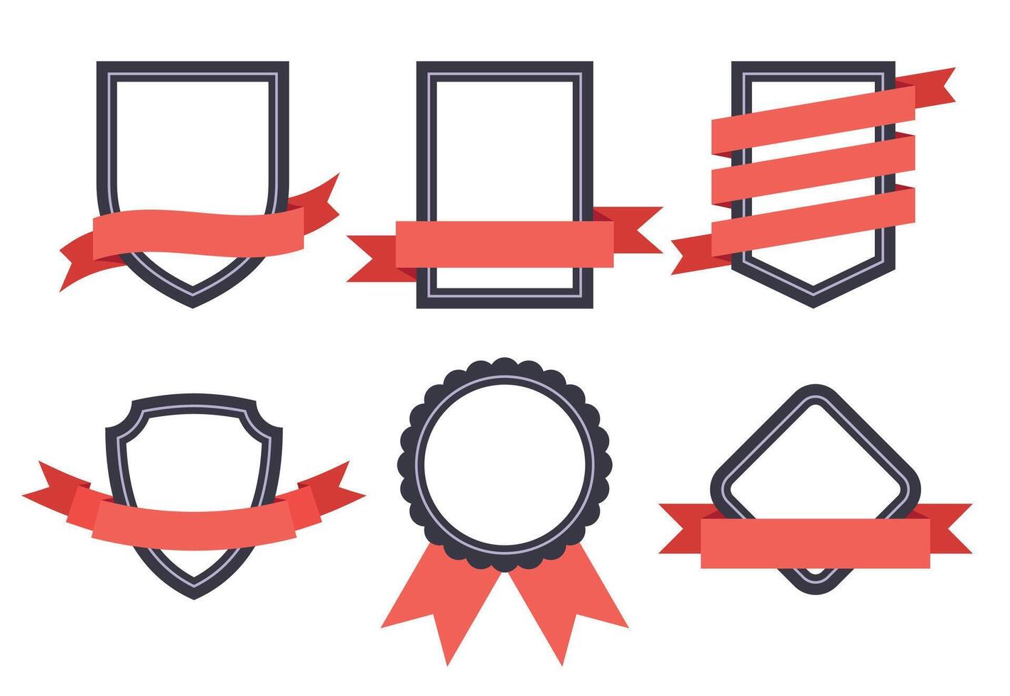 Flat ribbon banner badge, banners, badging frames with ribbons. Shapes of different geometric shapes with red tapes vector