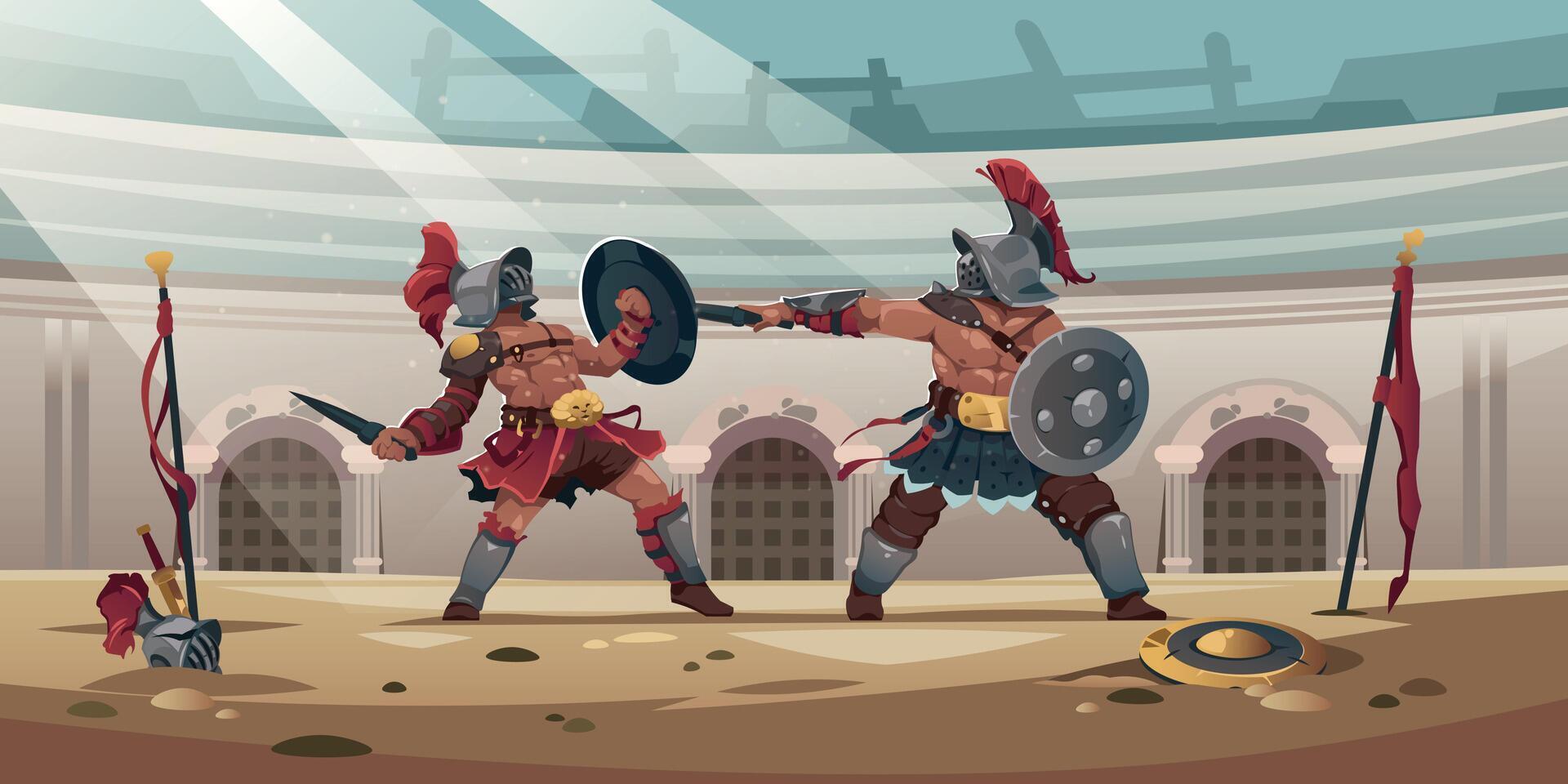 Gladiators in coliseum. Ancient roman warrior characters in arena, cartoon antique gladiators with shield and weapons fighting. Vector illustration